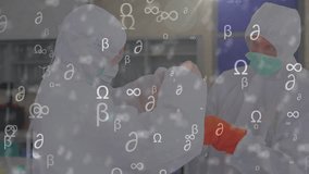 Left labtech bringing pipette drawing green sample for QC as right holding flask and icons drifting. Sterile, collaboration, cleanroom, laboratory, precision, focus, ppe - Powered by Shutterstock - Get 15% off with code: PIKWIZARD15