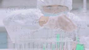 Female lab tech reaching rack and pipetting samples, testing while math over hands and rack. Laboratory, science, research, testtubes, pipette, faceshield, gloves - Powered by Shutterstock - Get 15% off with code: PIKWIZARD15