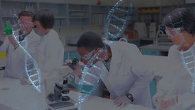 Lab team, left tech raising green flask starting DNA demo, tech using scope, helix overlaying faces. Laboratory, teamwork, scientists, bench, microscope, reagents, gloves - Powered by Shutterstock - Get 15% off with code: PIKWIZARD15