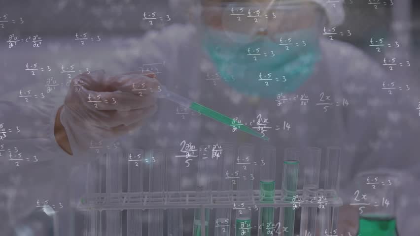 Lab tech reaching for green-cap tube, pipetting sample for analysis while equation overlay drifting. Laboratory, gloves, rack, vials, liquid, minimalist, clinical - Powered by Shutterstock - Get 15% off with code: PIKWIZARD15