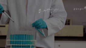 Lab researcher placing pipette holding tube and pipetting blue for analysis with overlaid formulas. Scientist, education, dispensing, testtubes, laboratory, gloves, cyan - Powered by Shutterstock - Get 15% off with code: PIKWIZARD15
