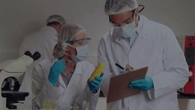 Female scientist moving pipette to corn, sparking purple overlay while peer noting food tests data. Laboratory, researcher, microscope, clipboard, gloves, masks, goggles - Powered by Shutterstock - Get 15% off with code: PIKWIZARD15