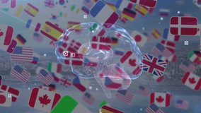 Drifting flags starting translucent 3D brain rotating merging into flag globe showing global ties. Connectivity, wireframe, futuristic, digital, parallax, orbit, sphere - Powered by Shutterstock - Get 15% off with code: PIKWIZARD15