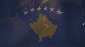 Marketing couple holding sparklers, leaning in for kiss as sparks crossing gold map overlay for ads. Night, streetlamp, bokeh, romantic, intimate, outdoors, urban - Powered by Shutterstock - Get 15% off with code: PIKWIZARD15