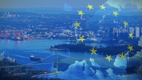 On fade-in, blue Europe map appearing over harbor, stars rotating, pulsing, showing trade link. Overlay, holographic, aerial, port, skyline, ships, cranes - Powered by Shutterstock - Get 15% off with code: PIKWIZARD15
