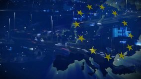 Vehicle lights starting Europe map glowing, star ring rotating, pulses pulsing showing connection. Nightscape, continent, silhouette, overlay, lighttrails, glow, neon - Powered by Shutterstock - Get 15% off with code: PIKWIZARD15
