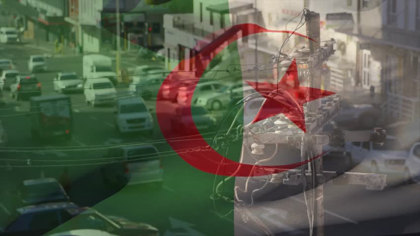 Overlayed flag remaining centered while traffic shifting, revealing utility pole and cars. Banner, urban, street, vehicles, bus, downtown, daylight