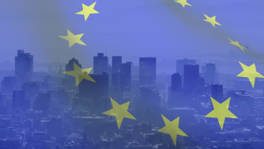 Blue flag overlay appearing over skyline, yellow stars shifting and field waving to represent EU. Emblem, circular, motion, translucent, urban, cityscape, aerial