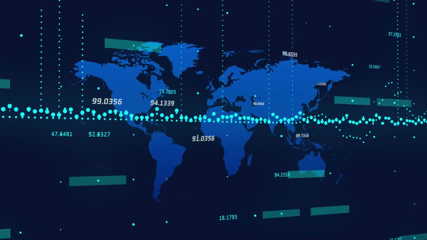 Data pulse activating map, cyan band, animating candles, rising green line, sparks showing growth. Globe, dashboard, candlestick, visualization, infographic, analytics, digital - Powered by Shutterstock - Get 15% off with code: PIKWIZARD15