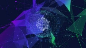 Initial particle cloud pulsing, central globe pulsing while wireframe city rising, showing network. Sphere, polygons, grid, skyline, cyberspace, digital, futuristic - Powered by Shutterstock - Get 15% off with code: PIKWIZARD15