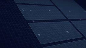 Camera panning driving wireframe city moving right, stacked blue bars rising to show urban data. Holographic, dashboard, grid, analytics, metropolis, radar, globe - Powered by Shutterstock - Get 15% off with code: PIKWIZARD15