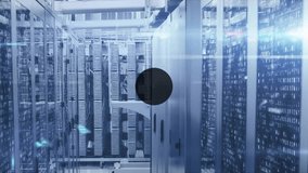 Single camera icon appearing, media icons spreading and connecting, showing data flow along racks. Futuristic, network, visualization, neon, blue, mesh, reflective - Powered by Shutterstock - Get 15% off with code: PIKWIZARD15