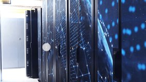 Doorway sparking racks displaying LED globe while user icons multiplying connecting to show network. Servers, datacenter, visualization, graph, nodes, connectivity, corridor - Powered by Shutterstock - Get 15% off with code: PIKWIZARD15