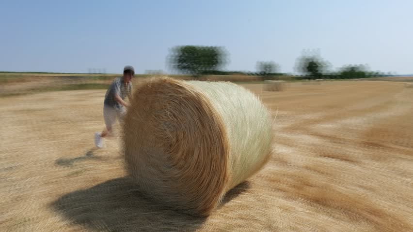 A handheld summer video shows a large round hay bale rolling across a field, pushed by a blurred, unrecognizable human silhouette, 2025