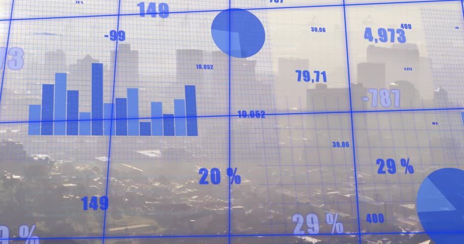 Loading translucent blue dashboard, charts updating and percentages rising, visualizing growth. Dataviz, skyline, urban, glass, reflections, metrics, parallax
