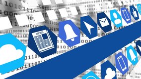 Camera shifting right, hexagon icons sliding along bands, scaling, rotating, visualizing data flow. Digital, corridor, glyphs, tiles, ribbons, datastream, futuristic - Powered by Shutterstock - Get 15% off with code: PIKWIZARD15