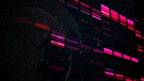 Timeline starting dotted globe rotating while magenta bars sliding, occluding, forming data matrix. Neon, futuristic, holographic, cyber, grid, particles, code - Powered by Shutterstock - Get 15% off with code: PIKWIZARD15