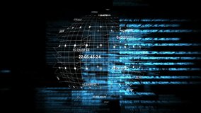 On sliding cyan streaks, 3D globe spinning, nodes pulsing, codes updating, showing network activity. Dataviz, neon, futuristic, grid, glitch, timecode, dashboard - Powered by Shutterstock - Get 15% off with code: PIKWIZARD15