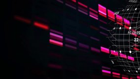 Magenta bars initiating wireframe globe entering from right rotating labels sliding showing network. Holographic, sphere, grid, data, visualization, neon, futuristic - Powered by Shutterstock - Get 15% off with code: PIKWIZARD15