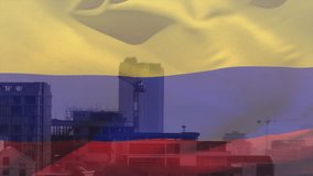 Large translucent tricolor flag waving across urban skyline, wind gusts causing bands to shift. Banner, overlay, advertising, cityscape, skyline, cranes, scaffolding - Powered by Shutterstock - Get 15% off with code: PIKWIZARD15