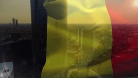 Sun glare initiating tricolor flag waving, overlaying tower, revealing and obscuring facades. Aerial, stock, skyline, cityscape, highrise, cylindrical, translucent - Powered by Shutterstock - Get 15% off with code: PIKWIZARD15