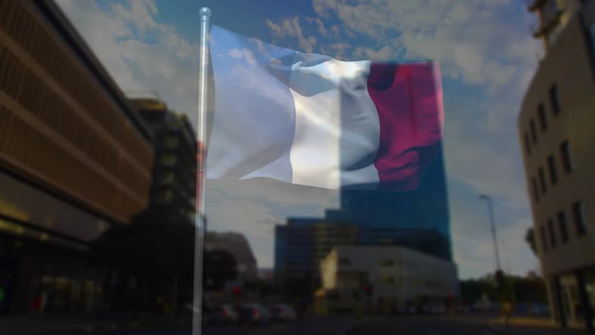 Vertical tricolor flag fluttering and billowing from wind, showing city behind through sheer cloth. Banner, translucent, breeze, urban, cityscape, skyline, traffic