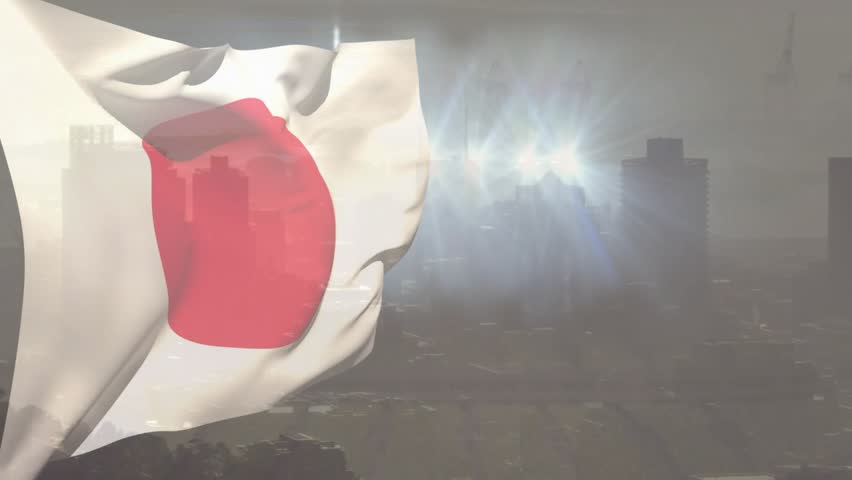 Swell starting wind lifting white flag red disc, waving, distorting against hazy skyline light band. Banner, ensign, circle, motion, folds, fabric, urban