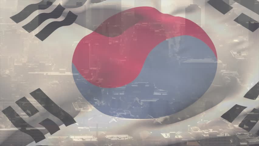 On scene start Taegukgi filling frame, rippling and shifting taegeuk while muting skyline for TV. Flag, broadcast, animated, media, urban, cityscape, overlay