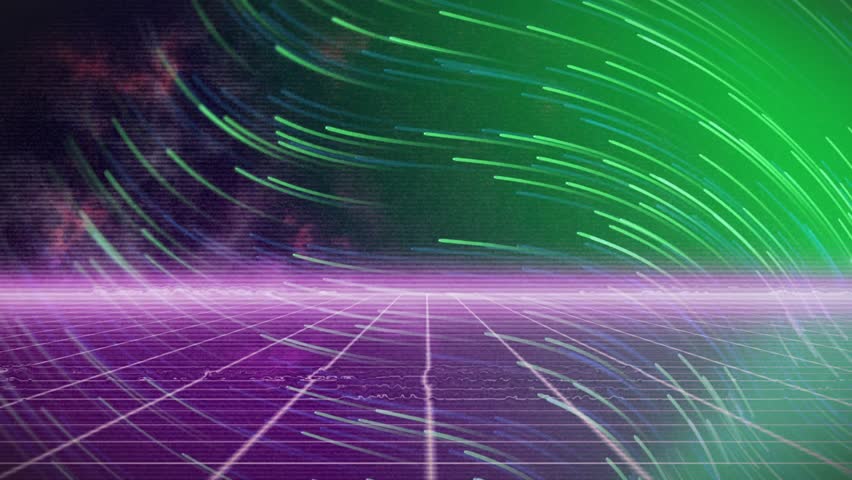 Neon grid pulsing magenta horizon, green arcs beginning upper-right sweeping left for retro vibe. Synthwave, glow, perspective, plane, nebula, scanlines, parallax - Powered by Shutterstock - Get 15% off with code: PIKWIZARD15