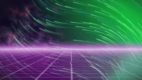 Neon grid pulsing magenta horizon, green arcs beginning upper-right sweeping left for retro vibe. Synthwave, glow, perspective, plane, nebula, scanlines, parallax - Powered by Shutterstock - Get 15% off with code: PIKWIZARD15
