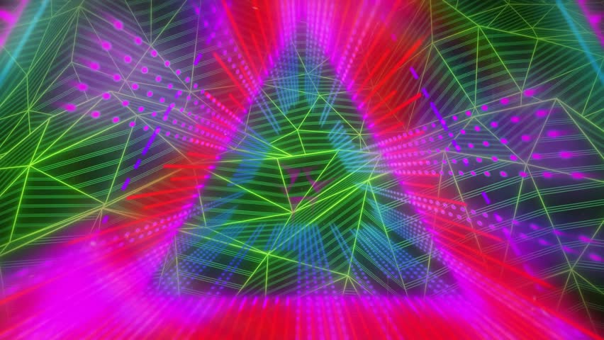 Timeline advancing, neon portal tightening, pulsing; green mesh undulating, drawing viewer inward. Triangular, wireframe, gateway, glow, magenta, cyan, 3d - Powered by Shutterstock - Get 15% off with code: PIKWIZARD15
