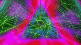 Timeline advancing, neon portal tightening, pulsing; green mesh undulating, drawing viewer inward. Triangular, wireframe, gateway, glow, magenta, cyan, 3d - Powered by Shutterstock - Get 15% off with code: PIKWIZARD15