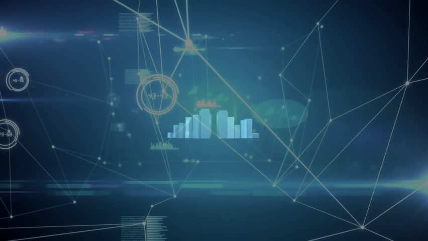 Holographic cityscape growing with HUD nodes pulsing while camera pushing forward showing data. Futuristic, urban, network, neon, digital, visualization, grid - Powered by Shutterstock - Get 15% off with code: PIKWIZARD15