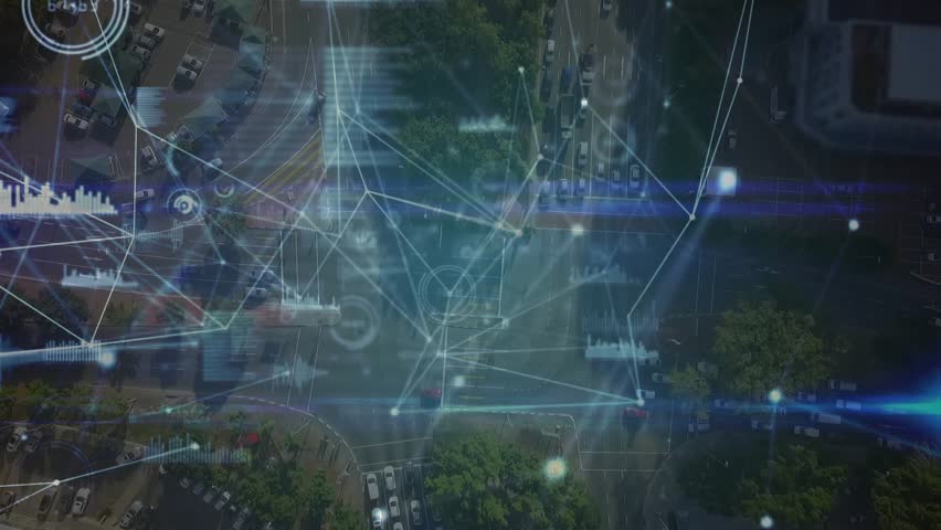 HUD activating overlay on intersection, nodes brightening, forming network to track traffic. Aerial, urban, cityscape, digital, visualization, data, waveform - Powered by Shutterstock - Get 15% off with code: PIKWIZARD15
