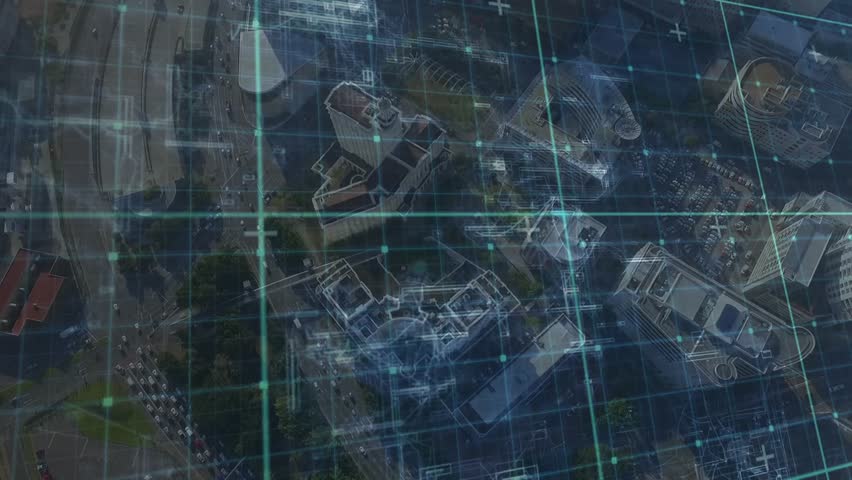 Satellite view appearing, turquoise grid sweeping over city block, wireframes mapping for analysis. Aerial, downtown, urban, holographic, overlay, architecture, rooftops