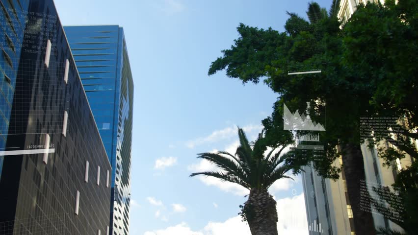 Cloud-monitor icon appearing, HUD overlays morphing into charts over palm tree, showing analytics. Infographics, visualization, cityscape, urban, skyscraper, glass, bright - Powered by Shutterstock - Get 15% off with code: PIKWIZARD15