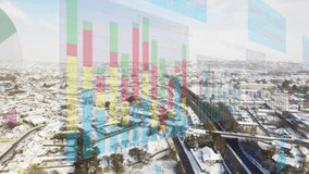 Data update arriving, animated charts overlaying snow town, panning right, revealing railway trends. Aerial, townscape, winter, parallax, dataviz, bridge, urban - Powered by Shutterstock - Get 15% off with code: PIKWIZARD15
