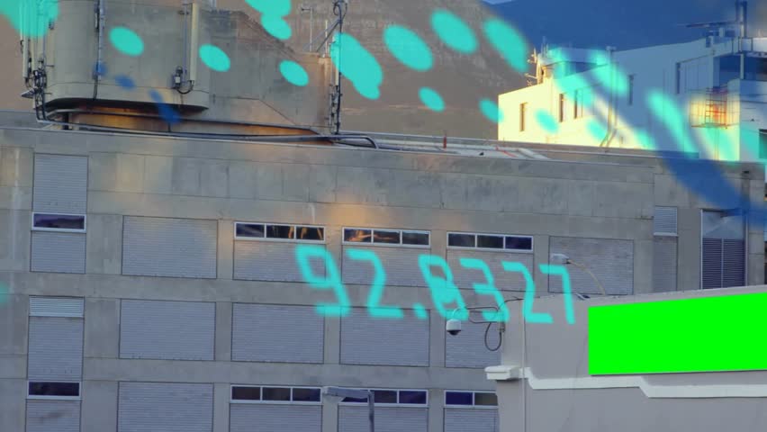 Teal dots entering top-left, overlay sweeping across building facade, revealing numeric data. Rooftop, urban, cityscape, concrete, billboard, digital, holographic - Powered by Shutterstock - Get 15% off with code: PIKWIZARD15