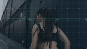 Female runner pushing forward increasing pace while wristwatch tracking fitness, teal grid shifting. Athlete, sprint, motion, alley, urban, cinematic, moody - Powered by Shutterstock - Get 15% off with code: PIKWIZARD15