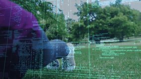 Camera pulling back revealing workout group holding forearm planks on lawn, HUD guiding fitness. Quartet, outdoor, park, grass, teamwork, training, overlay - Powered by Shutterstock - Get 15% off with code: PIKWIZARD15