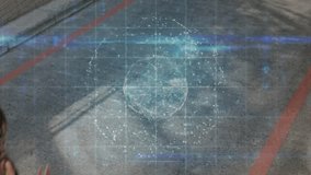 Female runner starting left edge, running through anchored holographic tech globe overlay, training. Outdoor, athletic, sprinter, urban, sunlit, shadows, futuristic - Powered by Shutterstock - Get 15% off with code: PIKWIZARD15