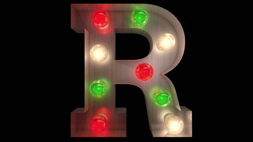 Festive glowing silver steel Christmas light bulb letter alphabet in five different seamless loop animation with transparent background R