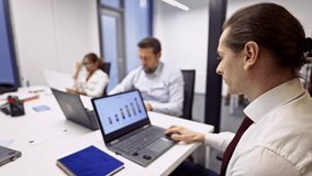 Business coworkers diligently analyze financial data and market trends on laptops during an important office meeting. - Powered by Shutterstock - Get 15% off with code: PIKWIZARD15
