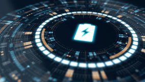 Motion graphic of a glowing battery icon within a rotating futuristic interface that highlights digital energy flow, representing power technology, charging concepts, and modern energy systems. - Powered by Shutterstock - Get 15% off with code: PIKWIZARD15