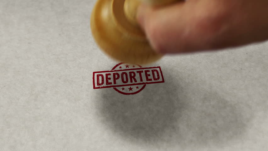 Deported stamp loopable and seamless animation. Hand stamping impact. Illegal migration 3D loop concept.