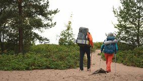 Hiking tourism adventure. Senior couple man woman enjoying outdoor recreation hiking in forest. Happy old people backpackers hikers enjoy walking hike trekking tourism active vacation beauty of nature - Powered by Shutterstock - Get 15% off with code: PIKWIZARD15
