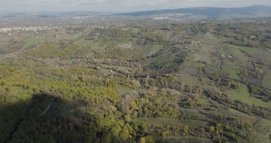 Aerial view of a bridge over forest, Italy.