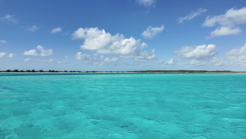 Cruise Trip At Exuma Islands In Black Point Bahamas. Stunning Turquoise Water. Beach Landscape. Shades Of Blue Watercolor. Cruise Trip In Exuma Islands In Black Point Bahamas. Caribbean Background.