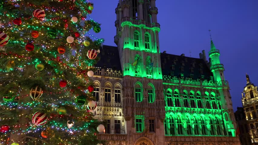 A illuminated Christmas Tree in front of the City Hall at the Grand Place in Brussels, Belgium, for the festive season