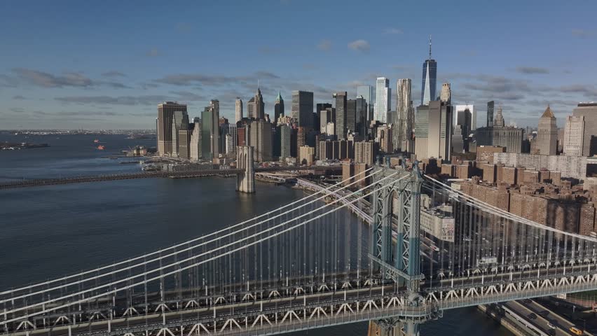 Aerial view of Manhattan Bridge and skyline, United States.
